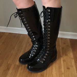 Black Faux Patent Leather Lace-Up Boots